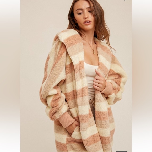 Hem & Thread Jackets & Blazers - 525. Soft Fleece Cozy Oversized Cardigan Hoodie Mocha Striped W/Pockets NWT